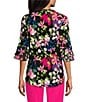 Color:Black/Pink Perfection Multi - Image 2 - Stretch Floral Print Split V Neckline 3/4 Flutter Sleeve Tunic