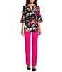 Color:Black/Pink Perfection Multi - Image 3 - Stretch Floral Print Split V Neckline 3/4 Flutter Sleeve Tunic