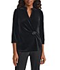Kasper Velvet Mock Split V-Neckline 3/4 Sleeve Wrap With Embellishment Blouse, Color:Black - Image 1