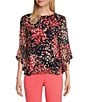 Color:Black/Luxe Salmon Multi - Image 1 - Woven Printed Crew Neck 3/4 Ruffle Sleeve Blouse