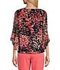 Color:Black/Luxe Salmon Multi - Image 2 - Woven Printed Crew Neck 3/4 Ruffle Sleeve Blouse