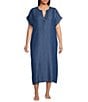 Kate Landry by Landry Plus Size Solid Chambray Short Sleeve Split V-Neck Woven Caftan - Image 1