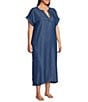 Kate Landry by Landry Plus Size Solid Chambray Short Sleeve Split V-Neck Woven Caftan - Image 3