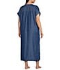Kate Landry by Landry Plus Size Solid Chambray Short Sleeve Split V-Neck Woven Caftan - Image 4