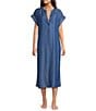 Kate Landry by Landry Solid Chambray Short Sleeve Split V-Neck Woven Caftan - Image 1