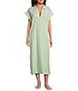 Kate Landry by Landry Yarn Dye Woven Short Sleeve Collared Split V-Neck Long Caftan - Image 1