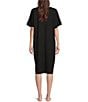 Color:Black - Image 2 - Solid V-Neck Short Dolman Sleeve Knit Lounge Dress