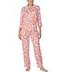 Color:Pink/Print - Image 1 - Brushed Jersey Bubbly Floral Print 3/4 Sleeve Notch Collar Coordinating Pajama Set
