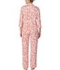 Color:Pink/Print - Image 2 - Brushed Jersey Bubbly Floral Print 3/4 Sleeve Notch Collar Coordinating Pajama Set