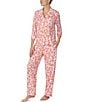 Color:Pink/Print - Image 3 - Brushed Jersey Bubbly Floral Print 3/4 Sleeve Notch Collar Coordinating Pajama Set
