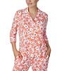 Color:Pink/Print - Image 4 - Brushed Jersey Bubbly Floral Print 3/4 Sleeve Notch Collar Coordinating Pajama Set