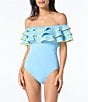 Color:Sprint Water - Image 1 - Contrast Solid Off-the-Shoulder Ruffle Bandeau One Piece Swimsuit
