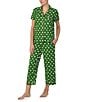 Color:Green Dot - Image 3 - Dot Print Short Sleeve Notch Collar Cropped Jersey Knit Pajama Set