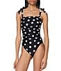 kate spade new york Dotted Print Square Neck Shirred Bandeau One Piece Swimsuit, Color:Black - Image 1