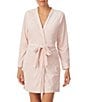 Color:Soft Rose - Image 1 - Embossed Floral Plush Long Sleeve Tie-Front Short Wrap Cozy Robe
