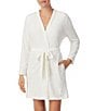 Color:Pearl - Image 1 - Embossed Floral Plush Long Sleeve Tie-Front Short Wrap Cozy Robe