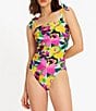 Color:Multi - Image 1 - Orchid Floral Square Neck Tie Bow Shirred One Piece Swimsuit