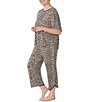 Color:Brown Animal Print - Image 1 - Plus Size Animal Print Jersey Cropped Round Neck Short Sleeve Coordinating Pajama Set