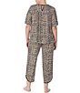 Color:Brown Animal Print - Image 2 - Plus Size Animal Print Jersey Cropped Round Neck Short Sleeve Coordinating Pajama Set
