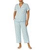 Color:Blue Stripe - Image 1 - Plus Size Lemon Striped Notch Collar Short Sleeve Knit Cropped Pajama Set