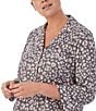 Color:Grey Novelty - Image 3 - Plus Size Notch Collar 3/4 Sleeve Sketched Leopard Print Knit Pajama Set