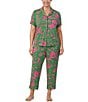 kate spade new york Plus Size Tropical Foliage Short Sleeve Notch Collar Button-Front Knit Cropped Pajama Set, Color:Pink Floral - Image 3
