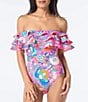 Color:Radiant Pink - Image 1 - Sea Garden Floral Print Off-the-Shoulder Ruffle One Piece Swimsuit