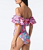 Color:Radiant Pink - Image 2 - Sea Garden Floral Print Off-the-Shoulder Ruffle One Piece Swimsuit