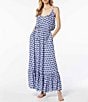 Color:Blue Berry - Image 1 - Shell Print Scoop Neck Sleeveless Spaghetti Strap Tiered Hem Pocketed Maxi Swim Cover-Up Dress