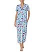 Color:Blue/Print - Image 1 - Short Sleeve Notch Collar Brushed Jersey Butterflies & Blooms Cropped Pajama Set
