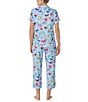 Color:Blue/Print - Image 2 - Short Sleeve Notch Collar Brushed Jersey Butterflies & Blooms Cropped Pajama Set