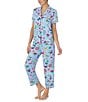 Color:Blue/Print - Image 3 - Short Sleeve Notch Collar Brushed Jersey Butterflies & Blooms Cropped Pajama Set