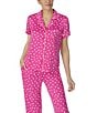 Color:Pink Ground - Image 3 - Short Sleeve Notch Collar Brushed Jersey Dotted Cropped Pajama Set