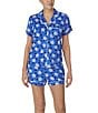 Color:Blue Print - Image 1 - Short Sleeve Notch Collar Brushed Jersey Short Daisy Print Pajama Set