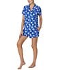 Color:Blue Print - Image 3 - Short Sleeve Notch Collar Brushed Jersey Short Daisy Print Pajama Set