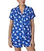 Color:Blue Print - Image 4 - Short Sleeve Notch Collar Brushed Jersey Short Daisy Print Pajama Set