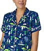 Color:Navy Print - Image 4 - Short Sleeve Notch Collar Brushed Jersey Short Garden Print Pajama Set