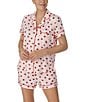 Color:Pink/Print - Image 4 - Short Sleeve Notch Collar Brushed Jersey Short Strawberry Print Pajama Set