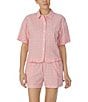 Color:Lilac Check - Image 1 - Short Sleeve Notch Collar Checkered Seersucker Pajama Set