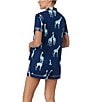 Color:Navy/Print - Image 2 - Short Sleeve Notch Collar Cozy Jersey Giraffe Print Pajama Set