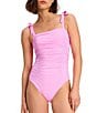 Color:Carousel Pink - Image 1 - Side Shirred Over the Shoulder Bow Tie One Piece Swimsuit