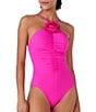 Color:Vivid Snap - Image 1 - Solid High Neck Ruched Rosette One Piece Swimsuit