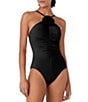 Color:Black - Image 1 - Solid High Neck Ruched Rosette One Piece Swimsuit