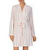 Color:Pink Stripe - Image 1 - Stripe Print Long Sleeve Shawl Collar Jersey Knit Pocketed Tie Short Robe