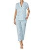 Color:Blue Stripe - Image 1 - Striped Notch Collar Short Sleeve Knit Cropped Pajama Set