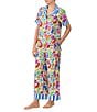kate spade new york Summer Fruit Print Short Sleeve Notch Collar Woven Cropped Pajama Set, Color:Summer Fruit/Stripe Print - Image 3