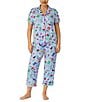Color:Blue/Print - Image 1 - Kate Spade Plus Size Short Sleeve Notch Collar Brushed Jersey Butterflies & Blooms Cropped Pajama Set