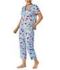 Color:Blue/Print - Image 3 - Kate Spade Plus Size Short Sleeve Notch Collar Brushed Jersey Butterflies & Blooms Cropped Pajama Set