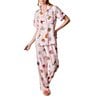 Katie Kime Short Sleeve Notch Collar Woven Zodiac Striped Print Pajama Pant Set, Color:Pink - Image 1