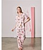 Katie Kime Short Sleeve Notch Collar Woven Zodiac Striped Print Pajama Pant Set, Color:Pink - Image 4